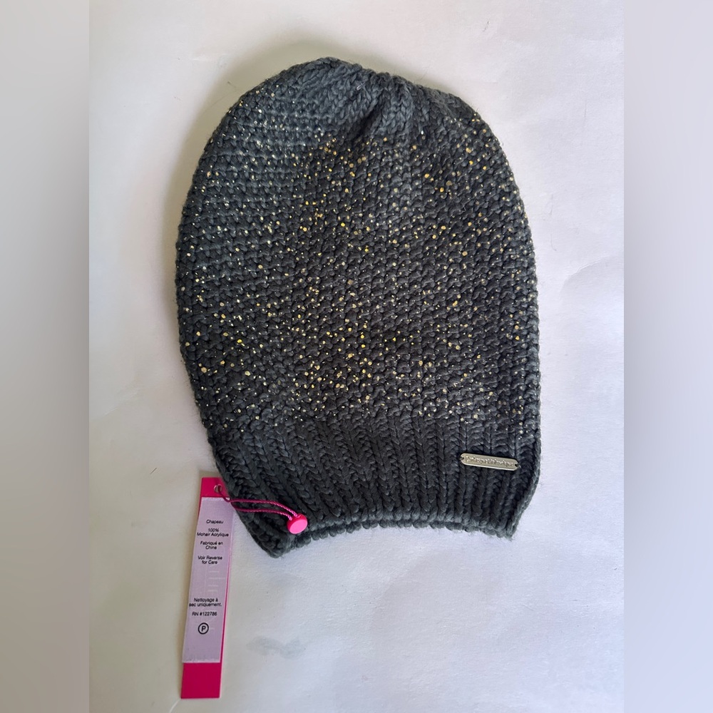 Catherine Malandrino Greenish Gray Knit Beanie Hat with Gold Accents
